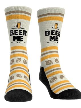 ROCK EM Beer Me Crew Socks - Yellow & Cream Novelty Socks S/M